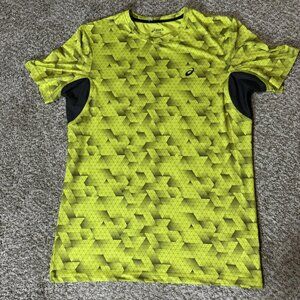 Asics Shirt Mens Large Neon Yellow Geometric Running Short Sleeve Mesh Athletic